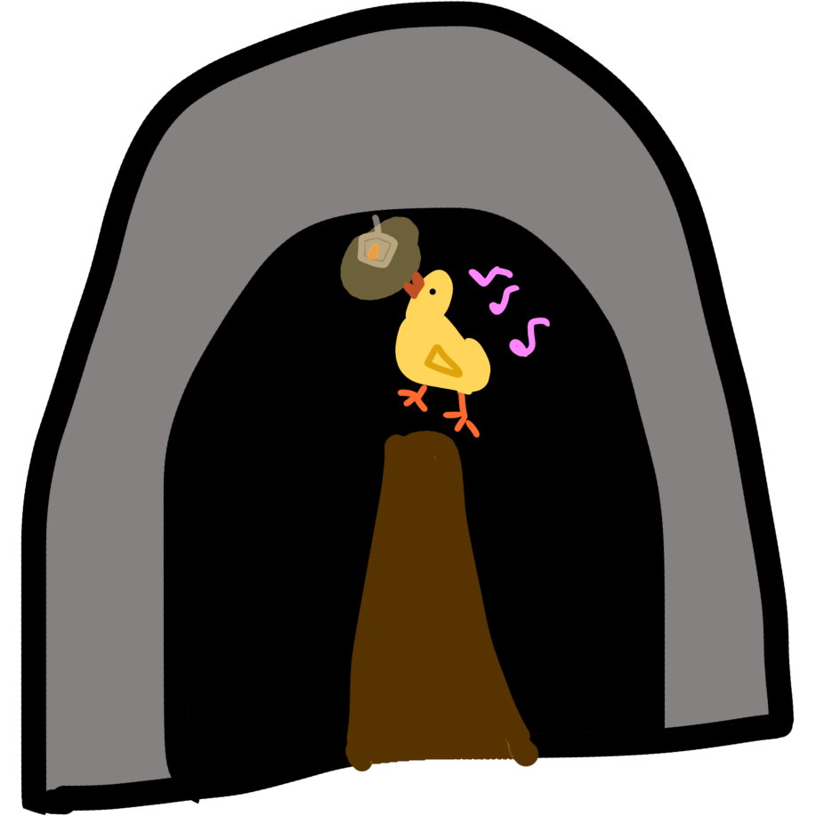 the entrance to a mine, with a dark brown path leading into the depths and a tiny lantern hanging from the ceiling. a light yellow bird singing near the lantern. 